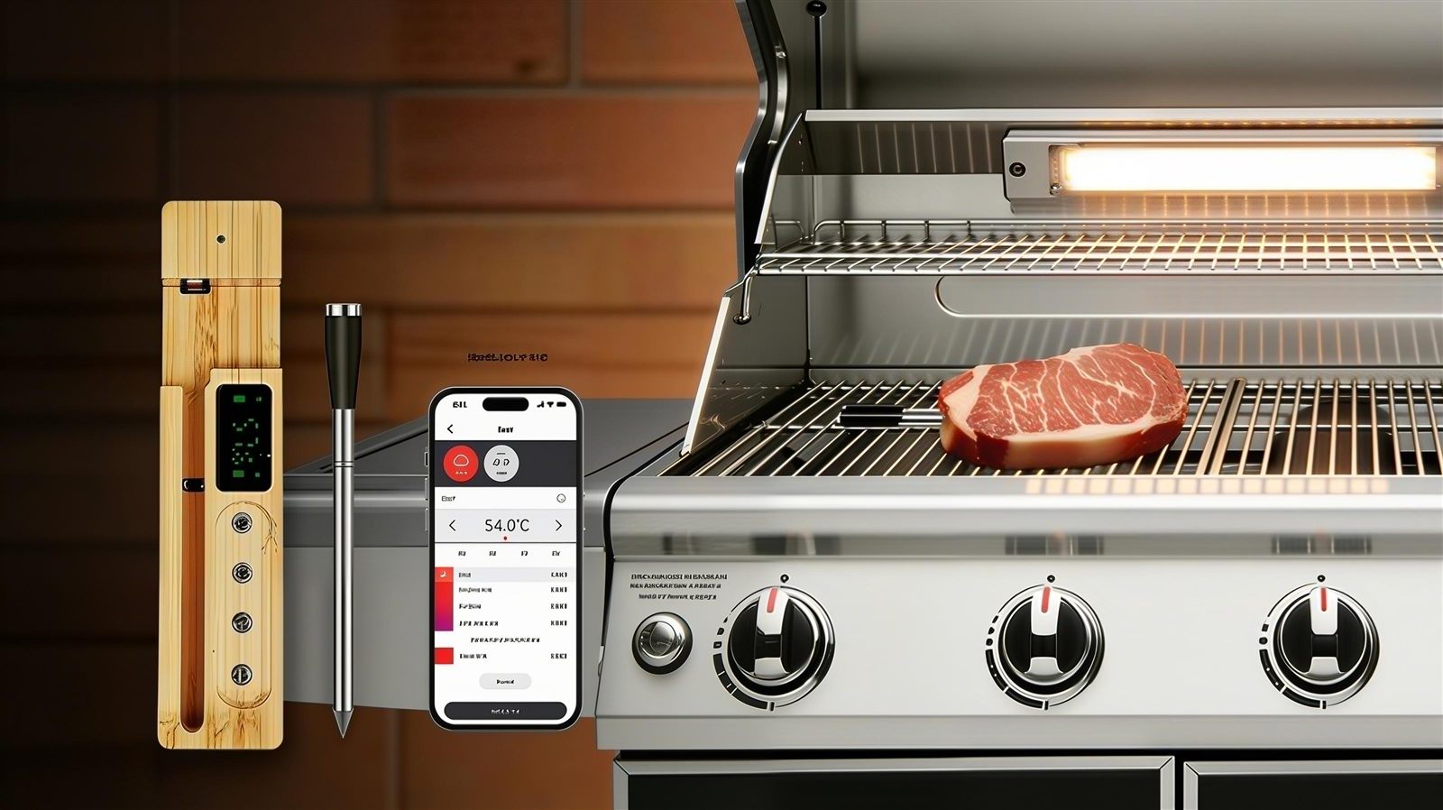 Wireless probe on grill with live phone app and bamboo charging dock